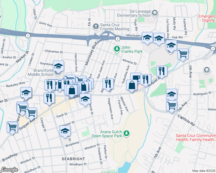 map of restaurants, bars, coffee shops, grocery stores, and more near 130 Marnell Avenue in Santa Cruz