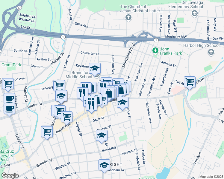map of restaurants, bars, coffee shops, grocery stores, and more near 133 Morrissey Boulevard in Santa Cruz
