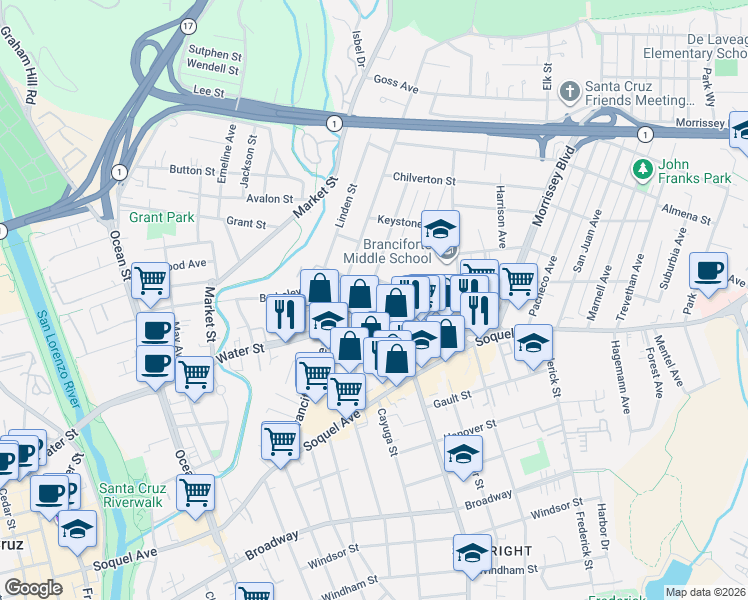 map of restaurants, bars, coffee shops, grocery stores, and more near 123 Dake Avenue in Santa Cruz