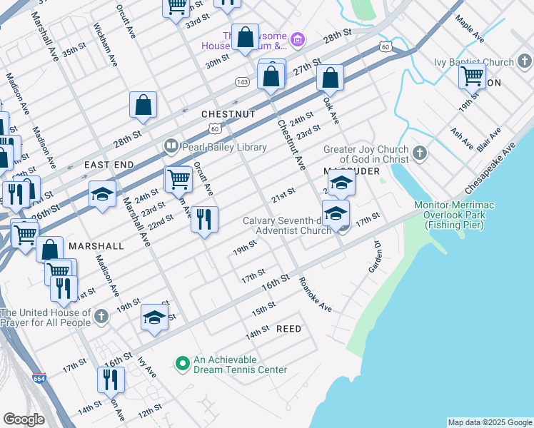 map of restaurants, bars, coffee shops, grocery stores, and more near 1021 20th Street in Newport News