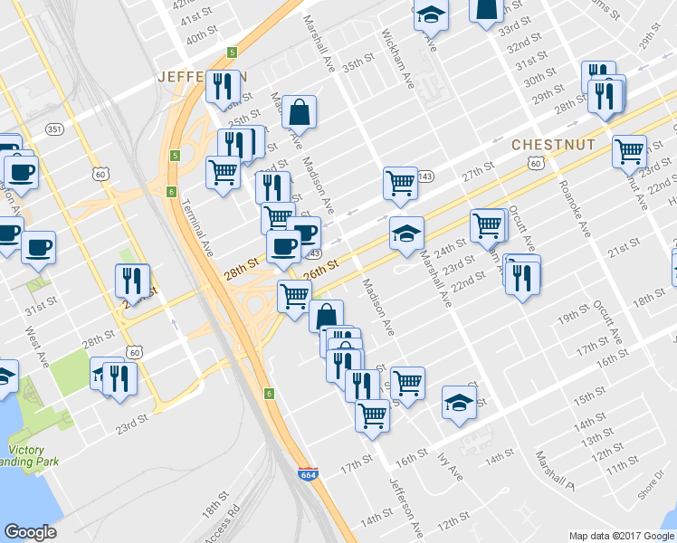 map of restaurants, bars, coffee shops, grocery stores, and more near 651 25th St in Newport News