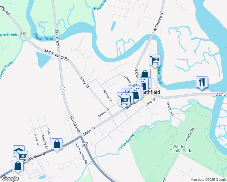 map of restaurants, bars, coffee shops, grocery stores, and more near 228 James St in Smithfield