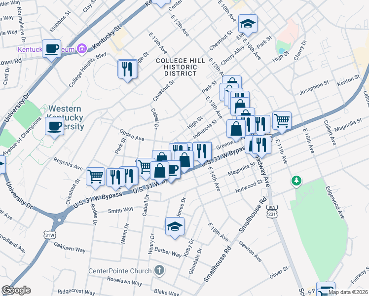 map of restaurants, bars, coffee shops, grocery stores, and more near 1438 Indianola Street in Bowling Green