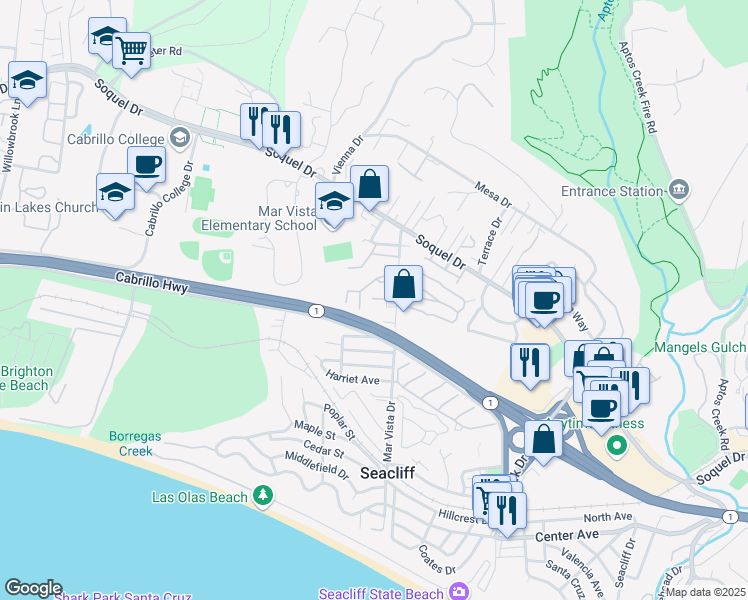 map of restaurants, bars, coffee shops, grocery stores, and more near 7233 Millie Court in Aptos