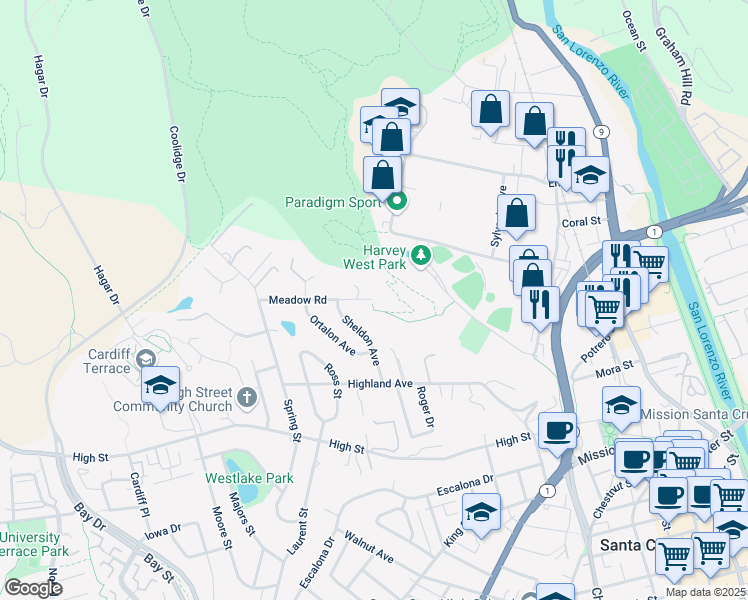 map of restaurants, bars, coffee shops, grocery stores, and more near 256 Meadow Court in Santa Cruz