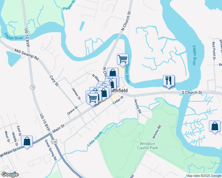 map of restaurants, bars, coffee shops, grocery stores, and more near 111 North Church Street in Smithfield