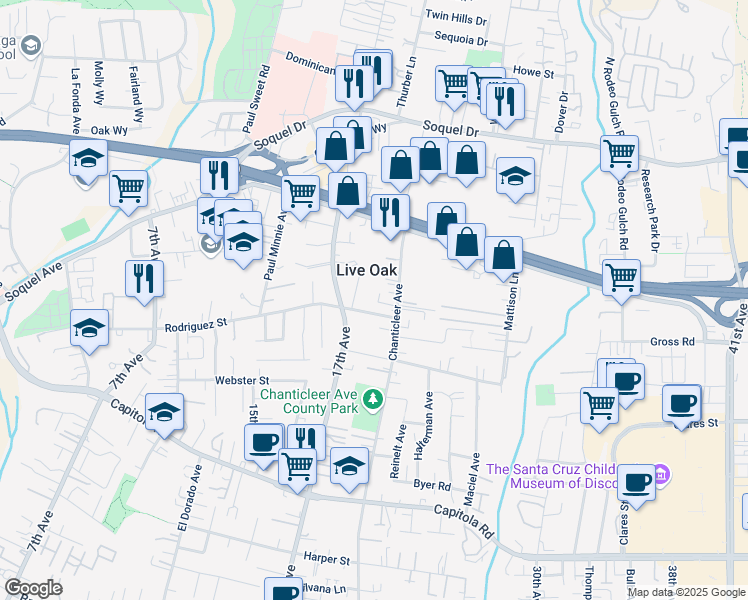 map of restaurants, bars, coffee shops, grocery stores, and more near 1815 Bali Way in Santa Cruz