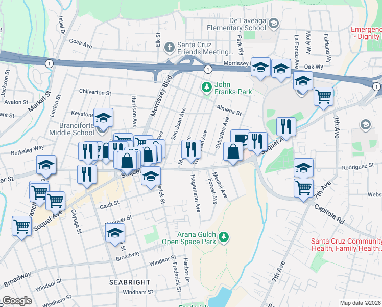 map of restaurants, bars, coffee shops, grocery stores, and more near 130 Marnell Avenue in Santa Cruz