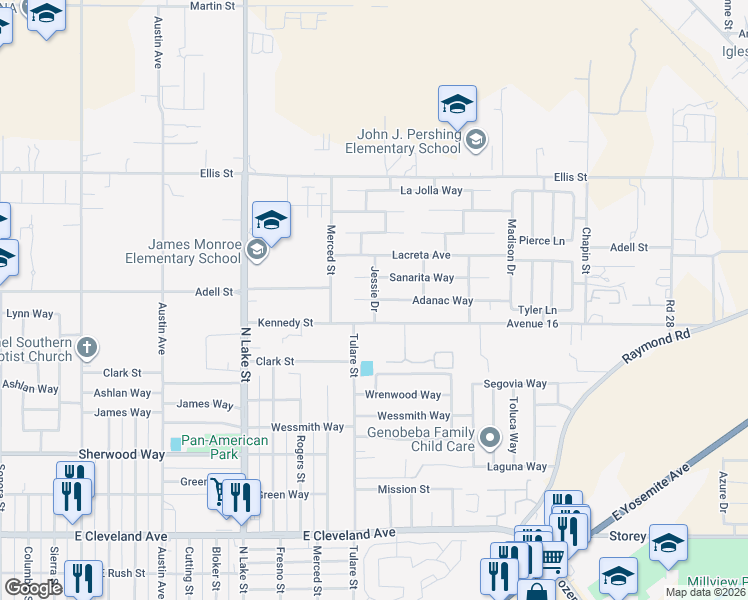 map of restaurants, bars, coffee shops, grocery stores, and more near Jessie Drive in Madera
