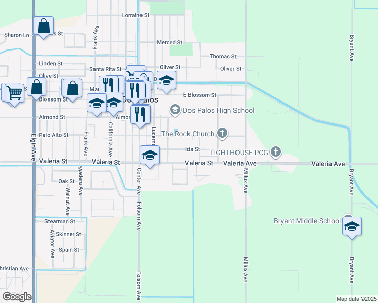 map of restaurants, bars, coffee shops, grocery stores, and more near 1619 Ida Street in Dos Palos