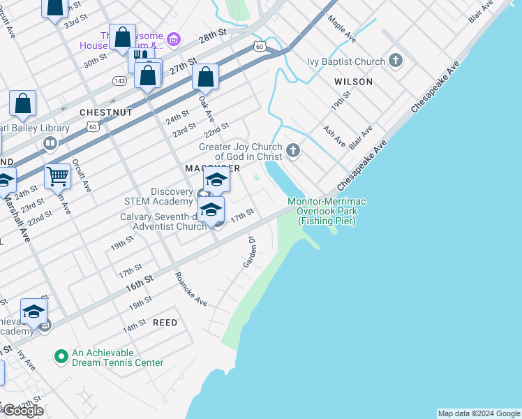 map of restaurants, bars, coffee shops, grocery stores, and more near 1612 Oak Avenue in Newport News