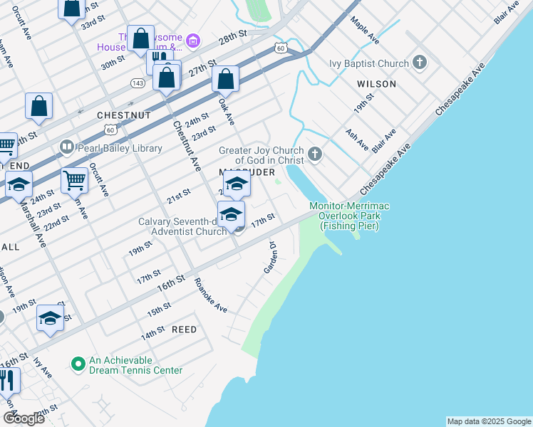map of restaurants, bars, coffee shops, grocery stores, and more near 1245 17th Street in Newport News