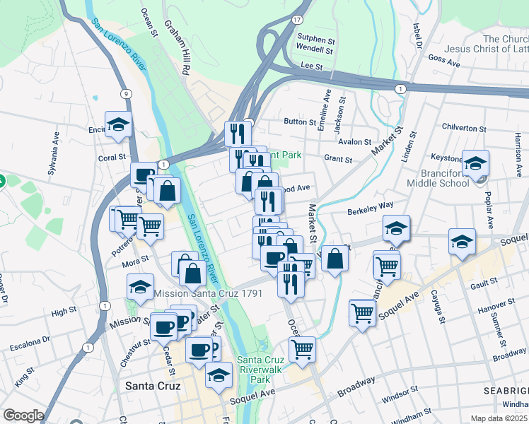 map of restaurants, bars, coffee shops, grocery stores, and more near 1112 Ocean Street in Santa Cruz