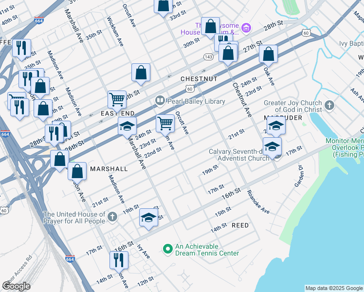 map of restaurants, bars, coffee shops, grocery stores, and more near 2130 Wickham Avenue in Newport News