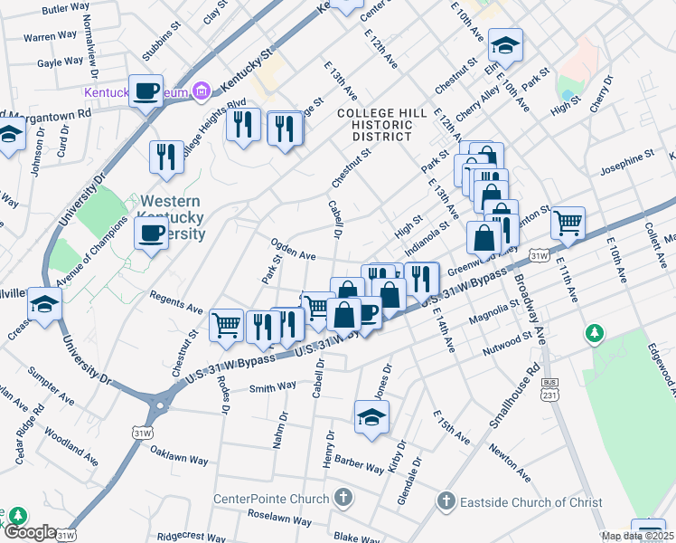map of restaurants, bars, coffee shops, grocery stores, and more near 816 Cabell Drive in Bowling Green