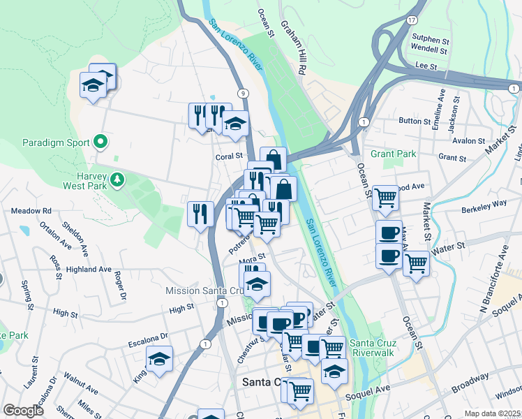 map of restaurants, bars, coffee shops, grocery stores, and more near 512 River Street in Santa Cruz