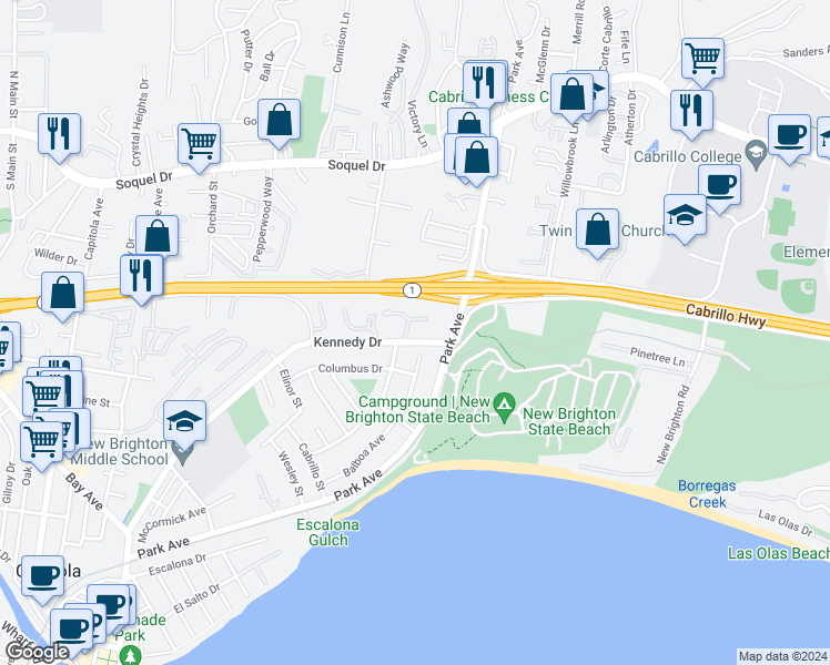 map of restaurants, bars, coffee shops, grocery stores, and more near 1109 Sutherland Lane in Capitola