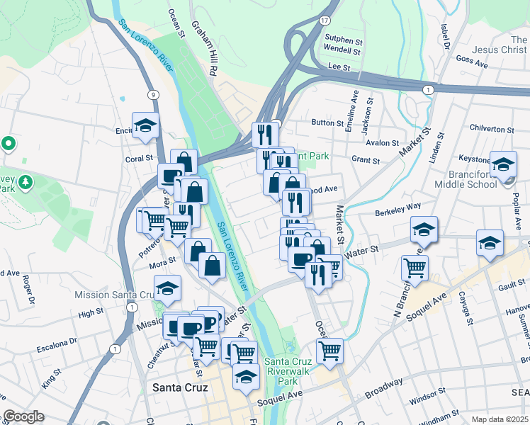 map of restaurants, bars, coffee shops, grocery stores, and more near 124 Kennan Street in Santa Cruz