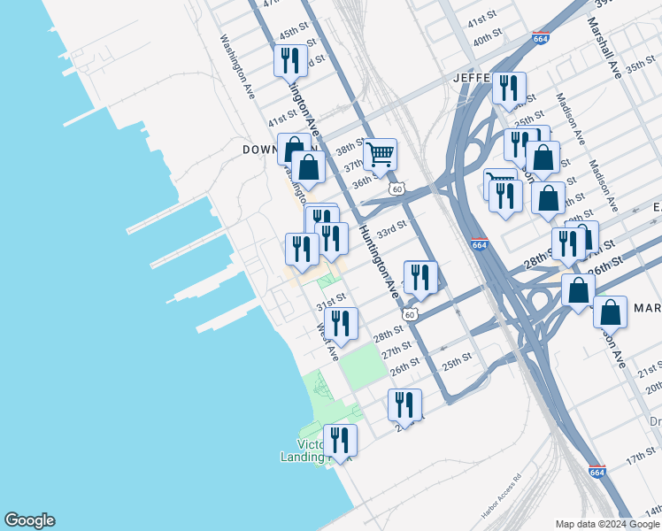 map of restaurants, bars, coffee shops, grocery stores, and more near 150 33rd Street in Newport News