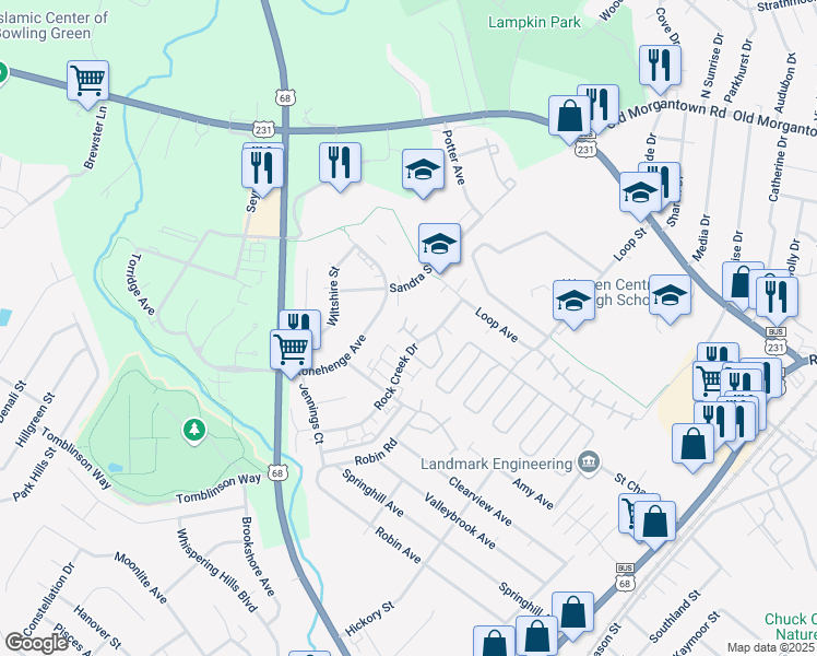 map of restaurants, bars, coffee shops, grocery stores, and more near 2001 Rock Creek Drive in Bowling Green