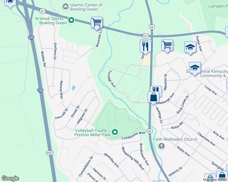map of restaurants, bars, coffee shops, grocery stores, and more near 128 River Tanmer Way in Bowling Green