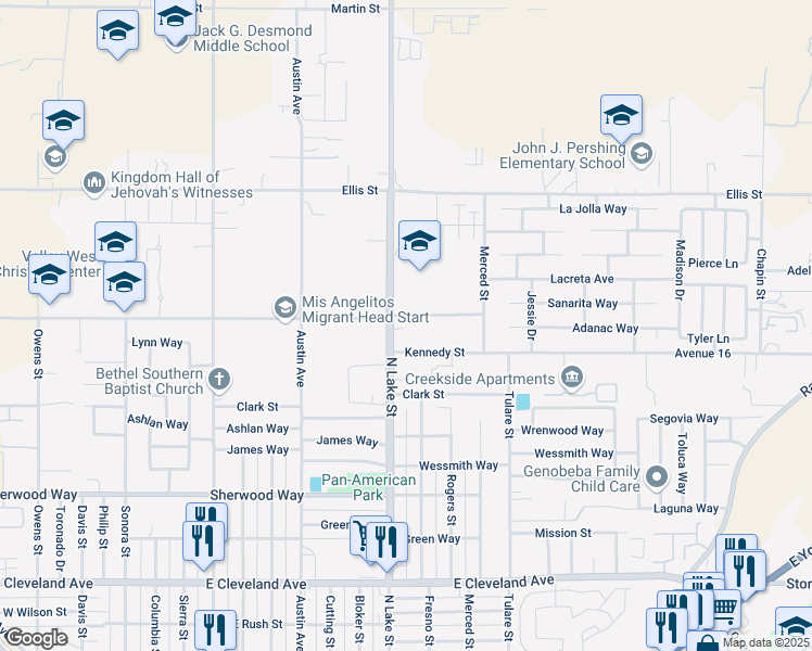 map of restaurants, bars, coffee shops, grocery stores, and more near 1717 North Lake Street in Madera