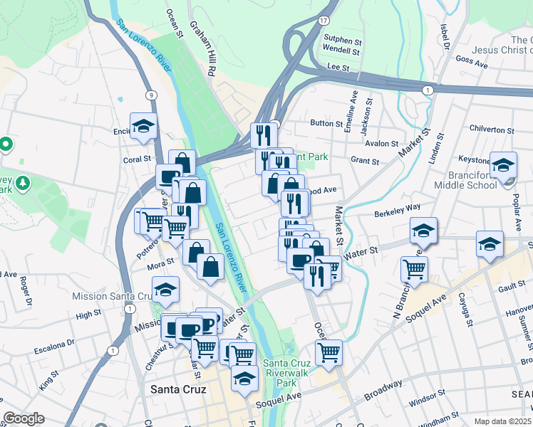 map of restaurants, bars, coffee shops, grocery stores, and more near 124 Kennan Street in Santa Cruz