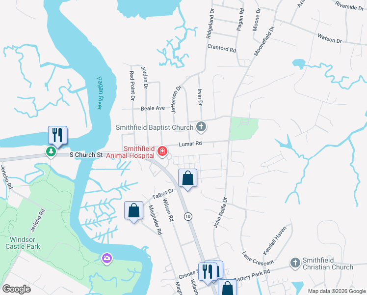 map of restaurants, bars, coffee shops, grocery stores, and more near 120 Lumar Road in Smithfield