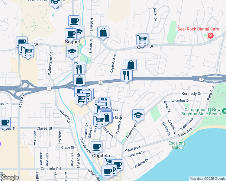 map of restaurants, bars, coffee shops, grocery stores, and more near 912 Capitola Avenue in Capitola