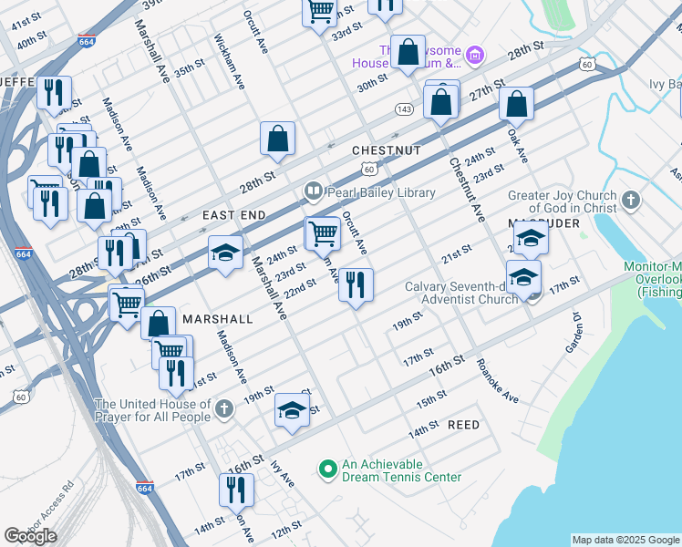 map of restaurants, bars, coffee shops, grocery stores, and more near 2130 Wickham Avenue in Newport News