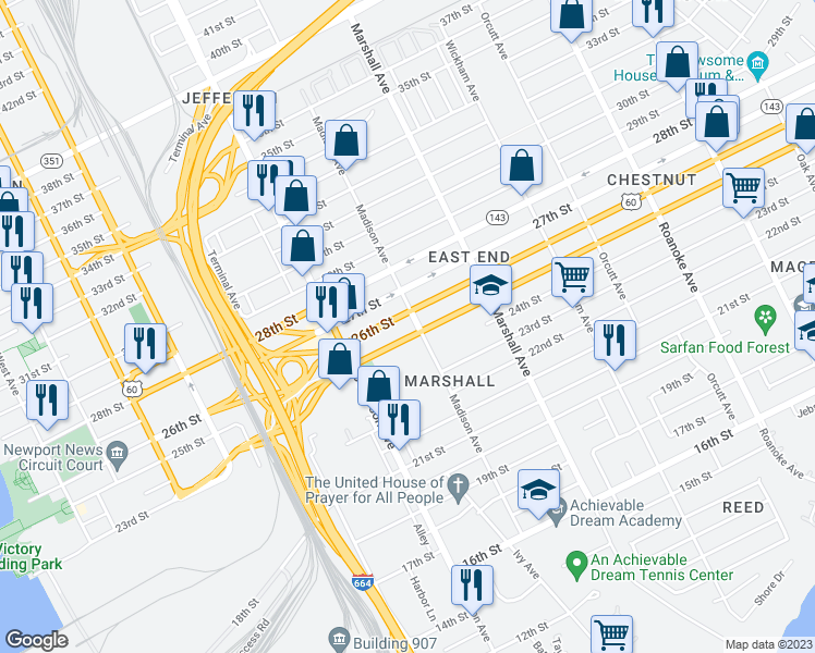 map of restaurants, bars, coffee shops, grocery stores, and more near 677 25th Street in Newport News