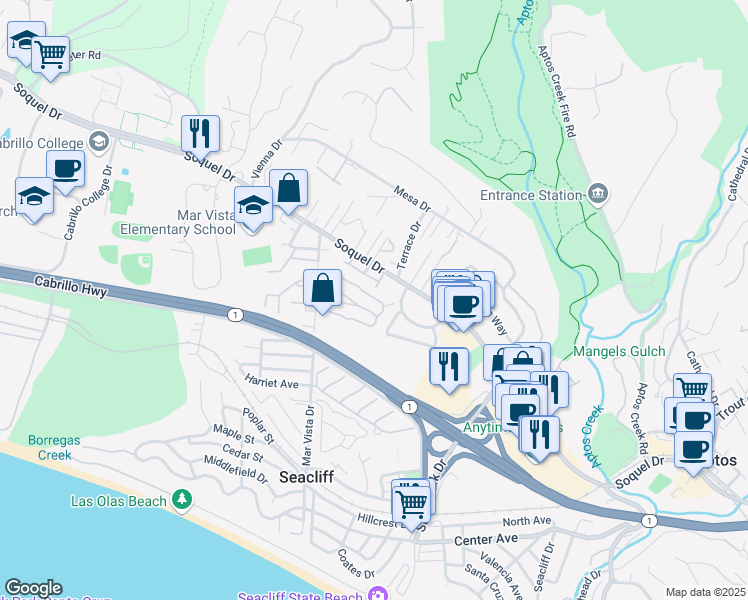 map of restaurants, bars, coffee shops, grocery stores, and more near 21 Primrose Street in Aptos