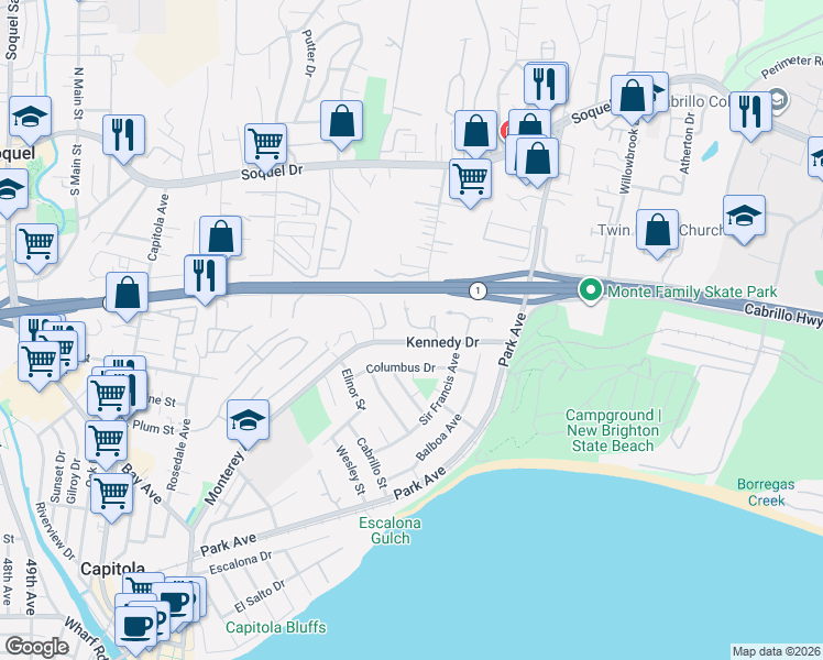 map of restaurants, bars, coffee shops, grocery stores, and more near 940A Kennedy Drive in Capitola