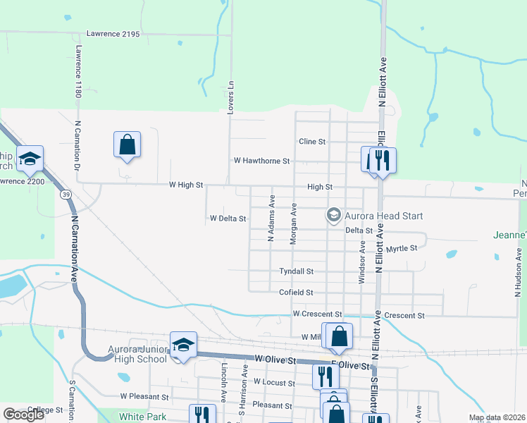 map of restaurants, bars, coffee shops, grocery stores, and more near 306 West Lee Street in Aurora
