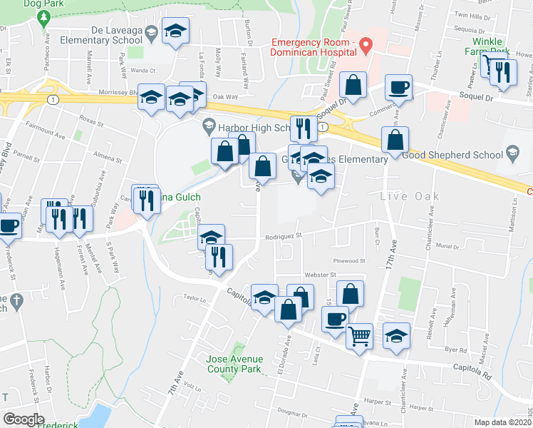 map of restaurants, bars, coffee shops, grocery stores, and more near 2262 7th Avenue in Santa Cruz