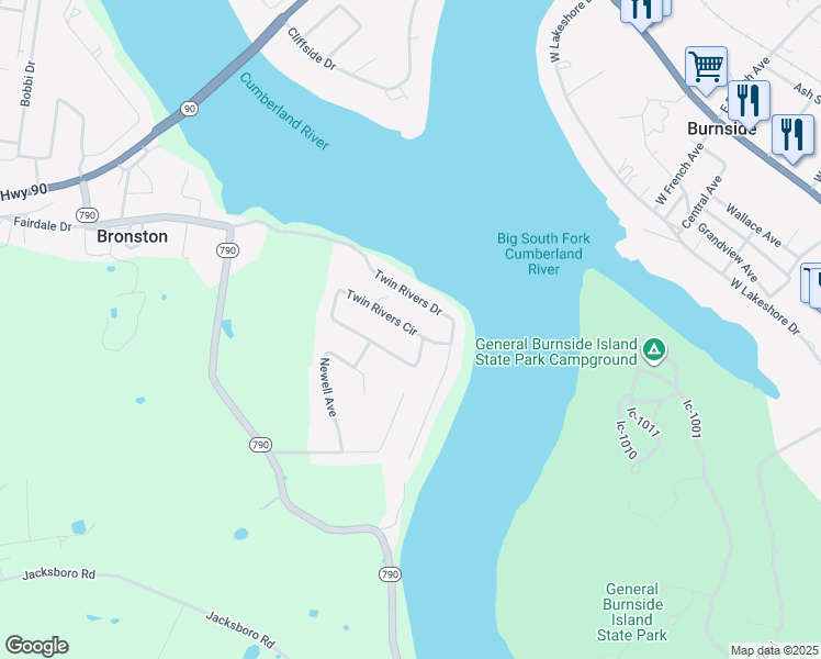 map of restaurants, bars, coffee shops, grocery stores, and more near Twin Rivers Cir in Pulaski