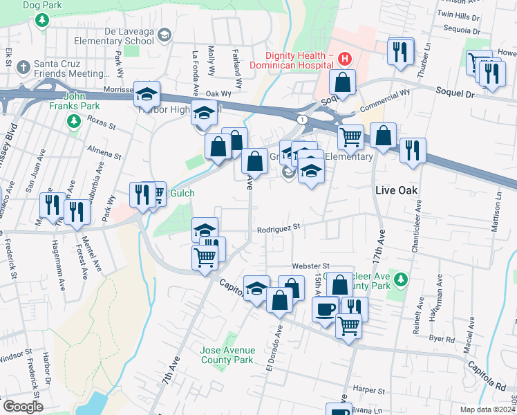 map of restaurants, bars, coffee shops, grocery stores, and more near 2262 7th Avenue in Santa Cruz