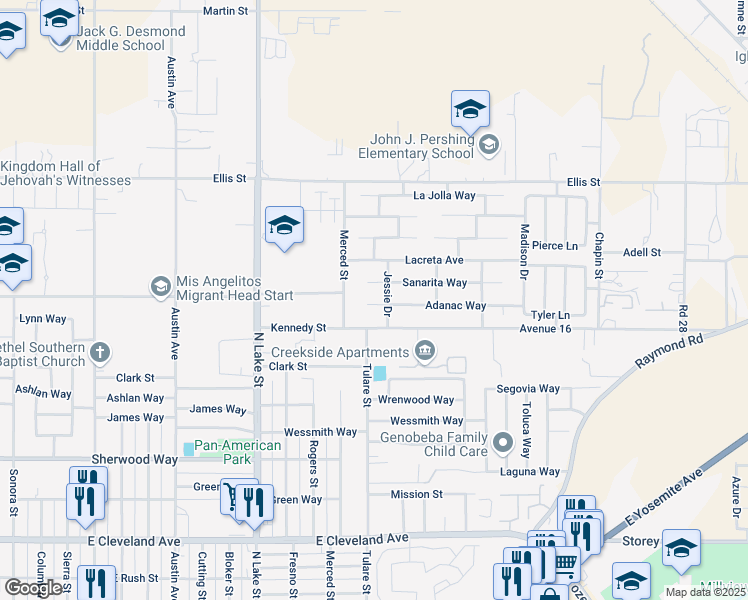 map of restaurants, bars, coffee shops, grocery stores, and more near 1217 Adanac Way in Madera