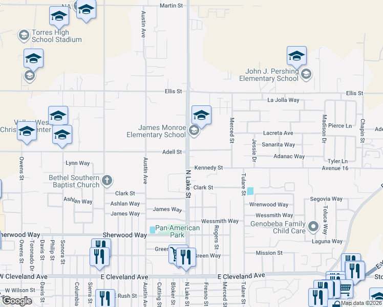 map of restaurants, bars, coffee shops, grocery stores, and more near 1717 North Lake Street in Madera