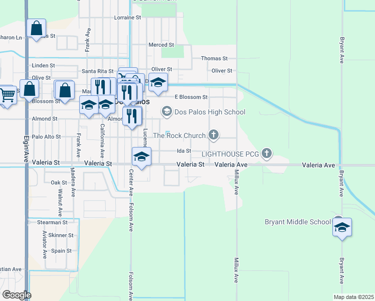 map of restaurants, bars, coffee shops, grocery stores, and more near 1619 Ida Street in Dos Palos