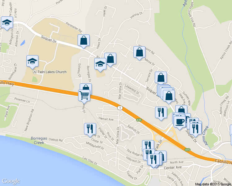 map of restaurants, bars, coffee shops, grocery stores, and more near 2695 Mar Vista Drive in Aptos