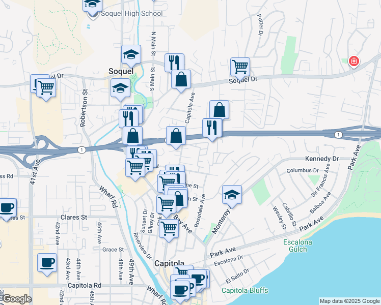 map of restaurants, bars, coffee shops, grocery stores, and more near 912 Capitola Avenue in Capitola
