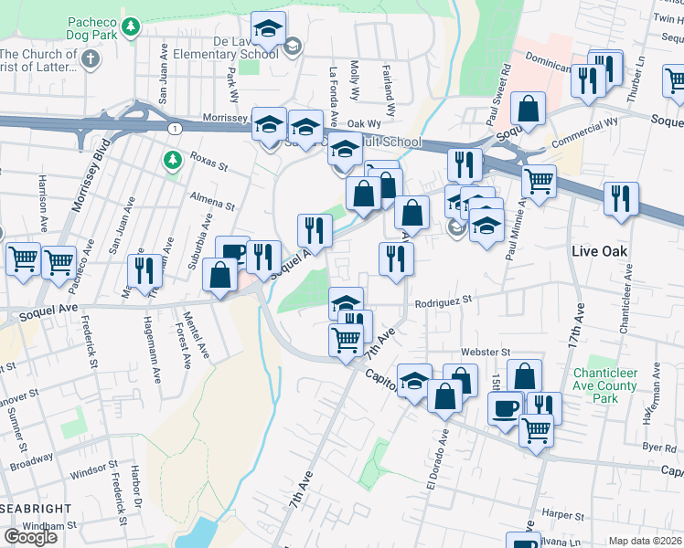 map of restaurants, bars, coffee shops, grocery stores, and more near 195 Capitola Road Extension in Santa Cruz