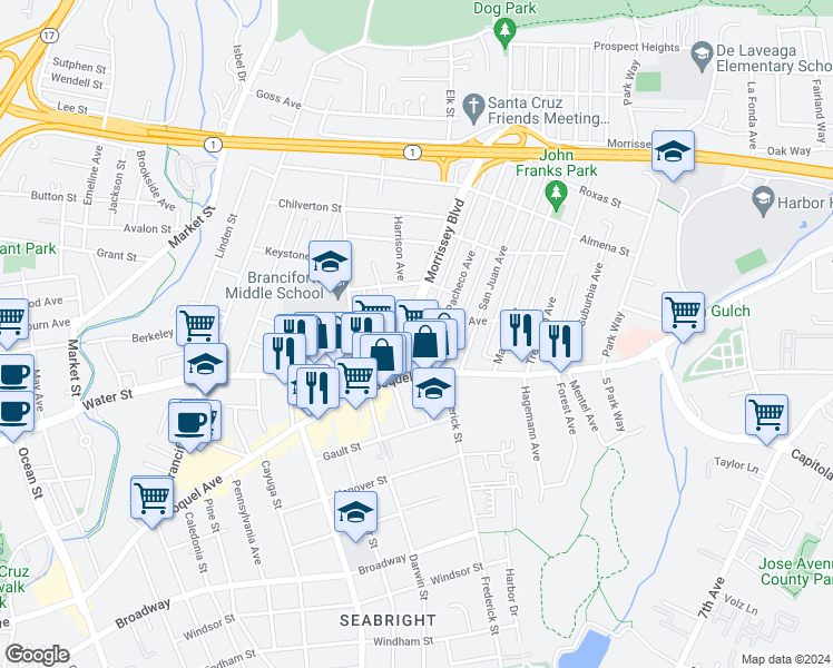 map of restaurants, bars, coffee shops, grocery stores, and more near 121 Pacheco Avenue in Santa Cruz