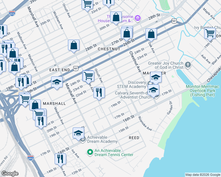 map of restaurants, bars, coffee shops, grocery stores, and more near 965 21st Street in Newport News