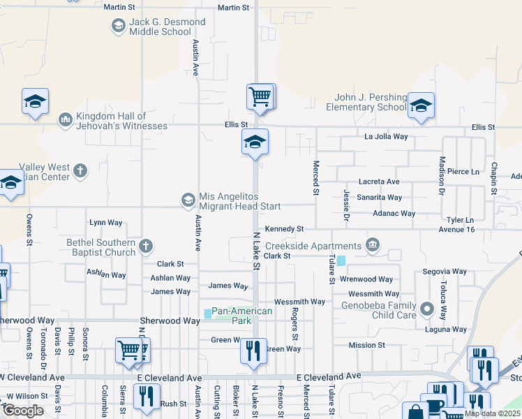 map of restaurants, bars, coffee shops, grocery stores, and more near 1717 North Lake Street in Madera