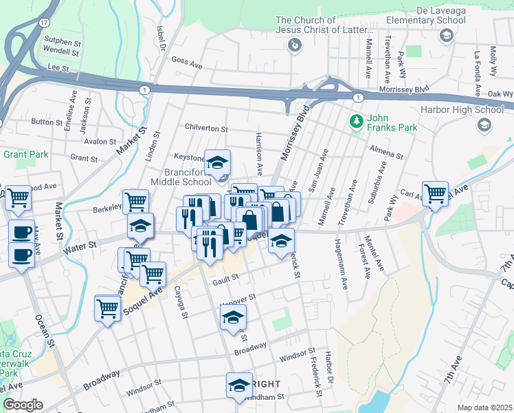 map of restaurants, bars, coffee shops, grocery stores, and more near 133 Morrissey Boulevard in Santa Cruz