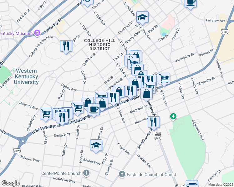 map of restaurants, bars, coffee shops, grocery stores, and more near 1362 Kenton Street in Bowling Green