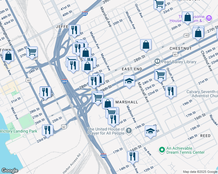 map of restaurants, bars, coffee shops, grocery stores, and more near 641 26th Street in Newport News
