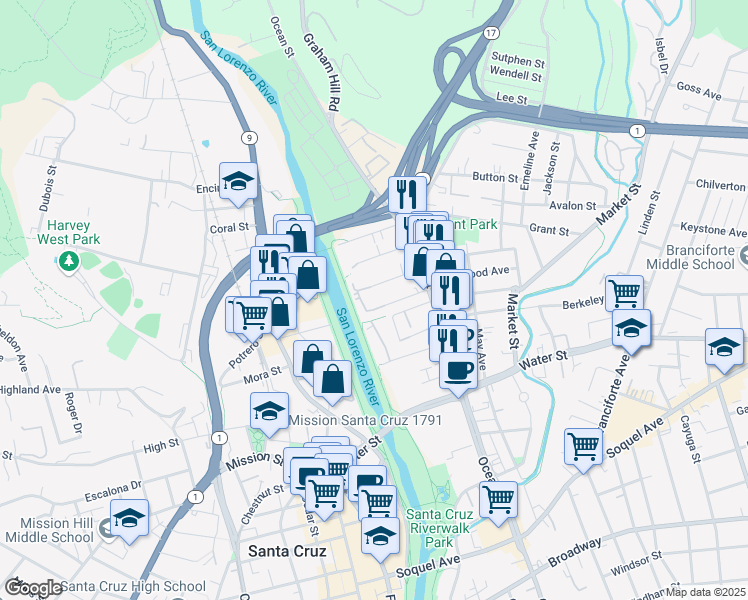 map of restaurants, bars, coffee shops, grocery stores, and more near 157 Franklin Street in Santa Cruz